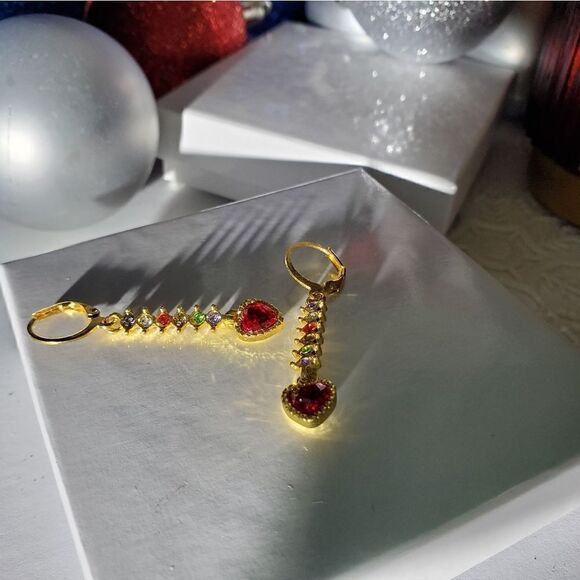 Red & Multi Colored Sapphire 18K Gold Drop Earrings 925 Sterling Silver Women's - Picture 4 of 7